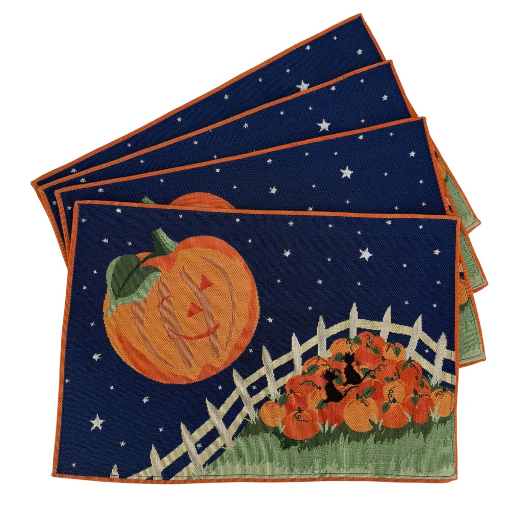 Vintage Halloween Woven Tapestry Placemats Set of 4 Jack O Lantern Black Cats